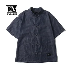 Men Summer Chinese Style Buttons Stand Collar Streetwear Vintage Loose Casual Short Sleeve Denim Shirts Cityboy Blouses Man