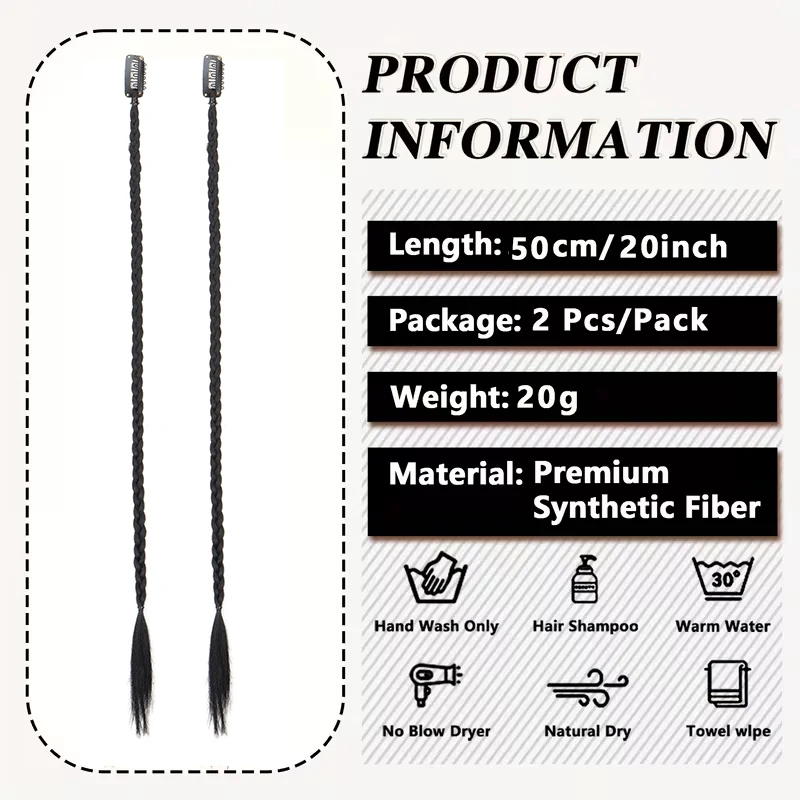 20Inch Synthetic Long Straight 2pcs Y2K Pre-Styled Braided Multicolored Clip-in Hair Extension for Daily Wear Party Christmas
