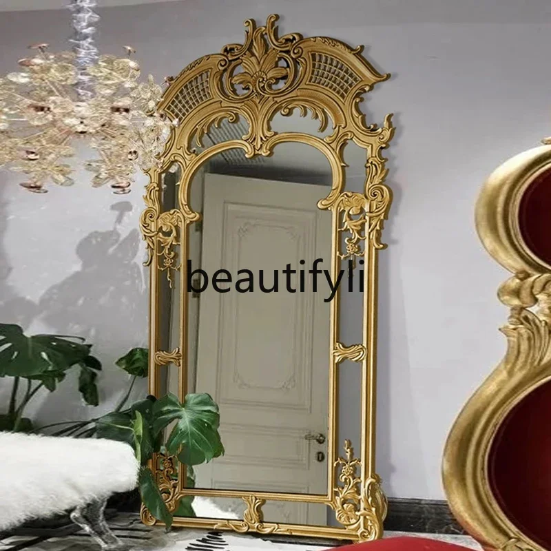 

European luxury fireplace decorative mirror wall hanging full-length mirror carved retro floor mirror against the wall B03