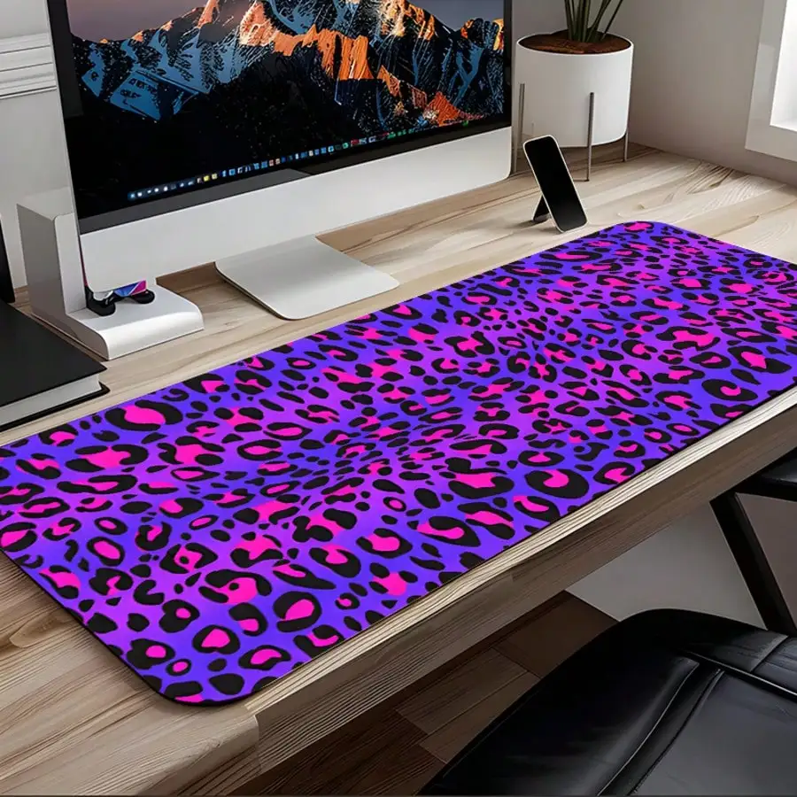 1pc Purple Base Rose Pink Leopard Print Mouse Pad, Neon Art Large Office Mouse Pad - Extended Purple Tone Neon Leopard Print Mouse Pad, With Non-Slip Rubber