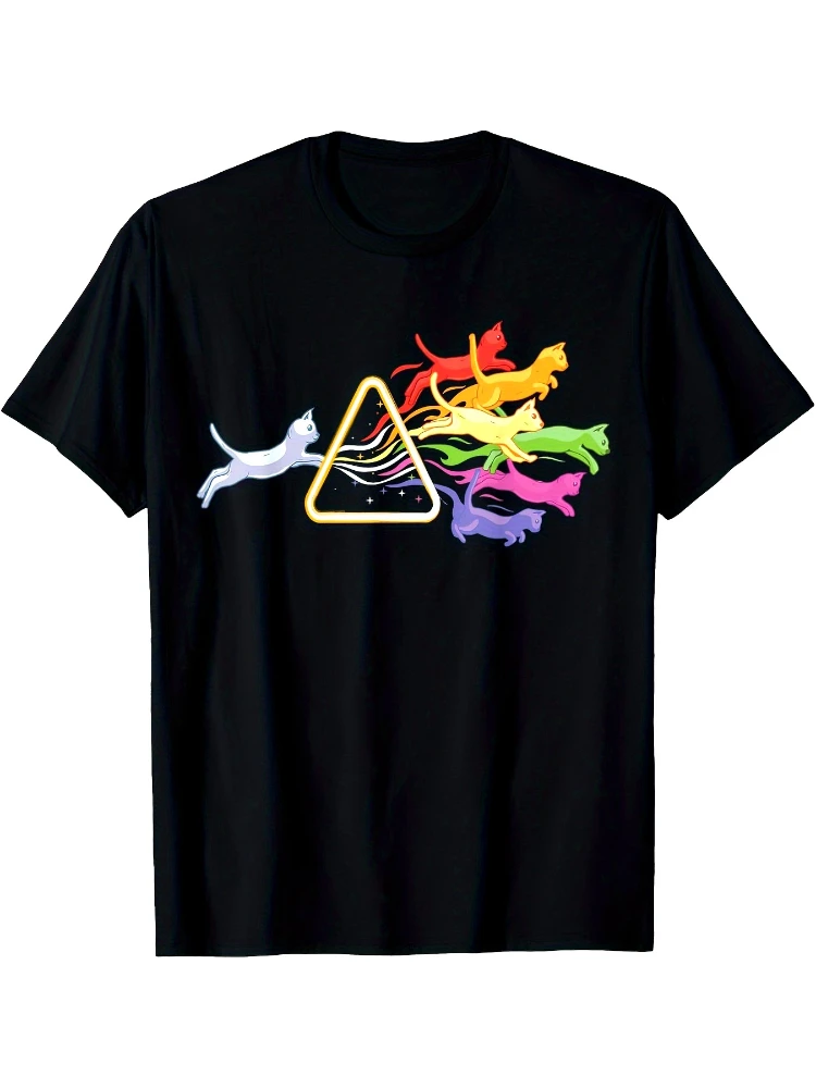 Cat Prism Rainbow Light Funny Physics Science Spectral Cat design-100% cotton O-neck short sleeve printed men's T-shirt.