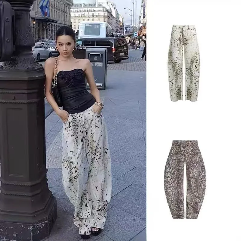 Lioness Washed Leopard Print Relaxed Fit Casual Wide Leg Jeans for Women High-Waisted Flattering Straight Leg Floor-Length Pants