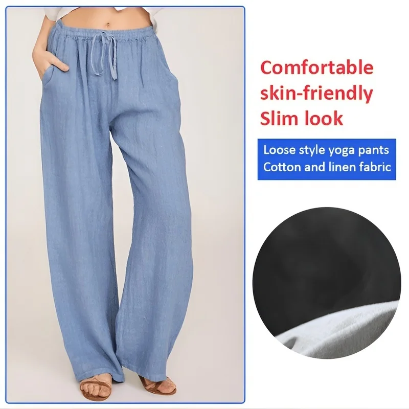 Casual Cotton and Linen Loose Yoga Fashionable and Versatile Solid Color Drawstring Wide for