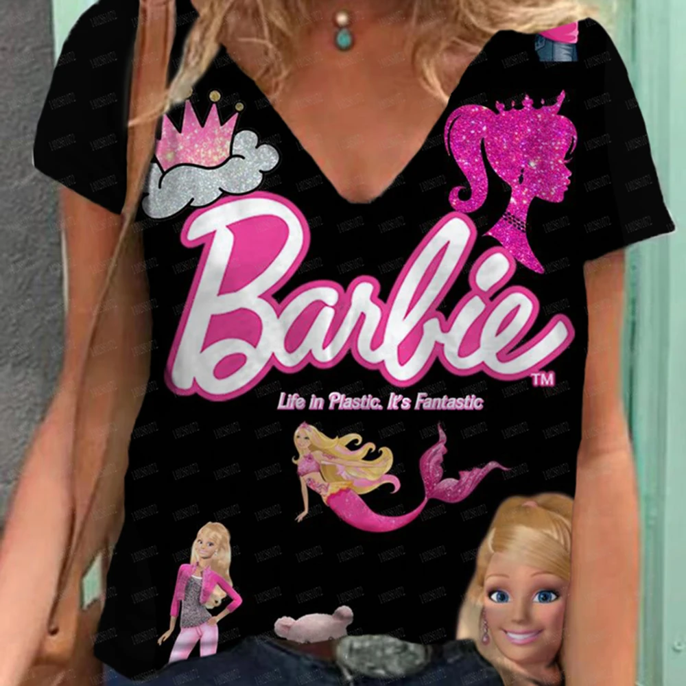 Women\'s T-shirt Kawaii Barbie Princess Print 3D T-shirt Top Fashion Y2k Short sleeved T-shirt V-neck Women\'s Clothing Large Summ