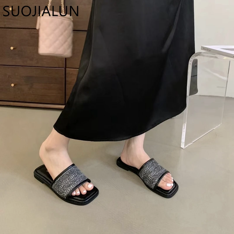 SUOJIALUN Summer New Brand Women Slipper Fashion Square Toe Open Toe Slip On Slides Soft Flat Heel Ladies Vaction Outdoor Shoes