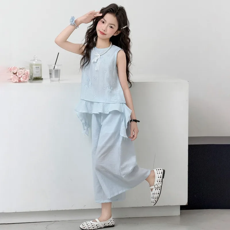 Children Clothes Girls Summer 2026 Sleeveless Embroidered Ruffle Top and Loose Wide Leg Pants Breathable Comfortable