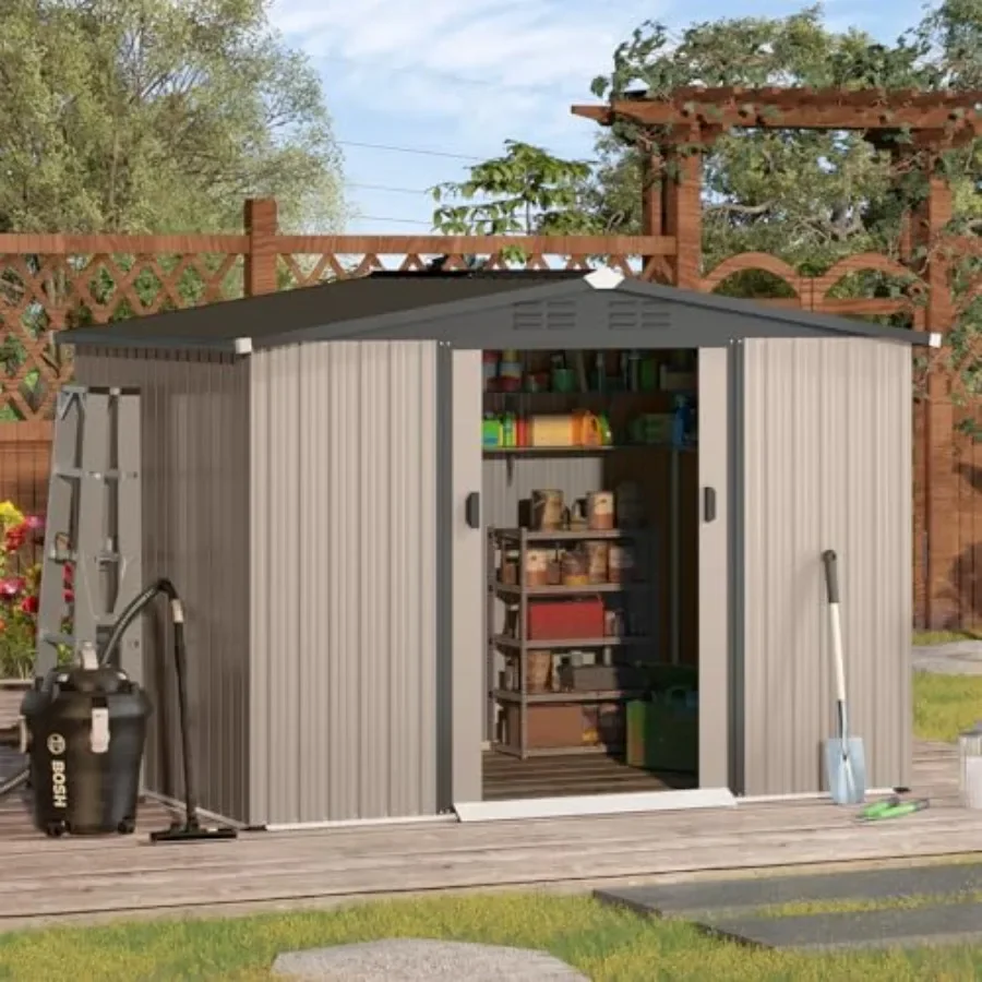 Outdoor storage shed for garden tools, galvanized steel, gray, 8x6 FT, sloped roof and lockable double sliding doors