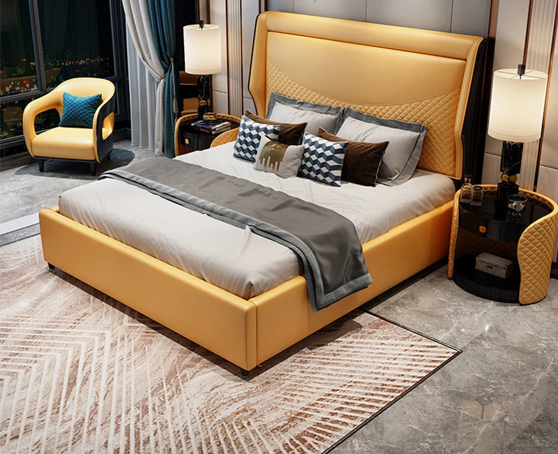 Leather Beds Luxury Metal Modern Furniture High Back Wood Frame Double Bed Designs King Size Bed image 3