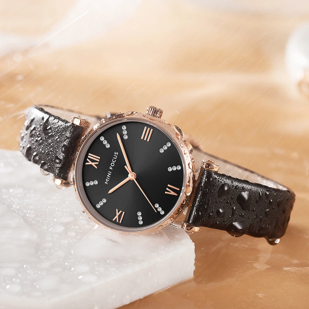 MINI FOCUS MF0335L Elegant Women Watch White Genuine Leather Strap Waterproof Ladies Dress Quartz Watches