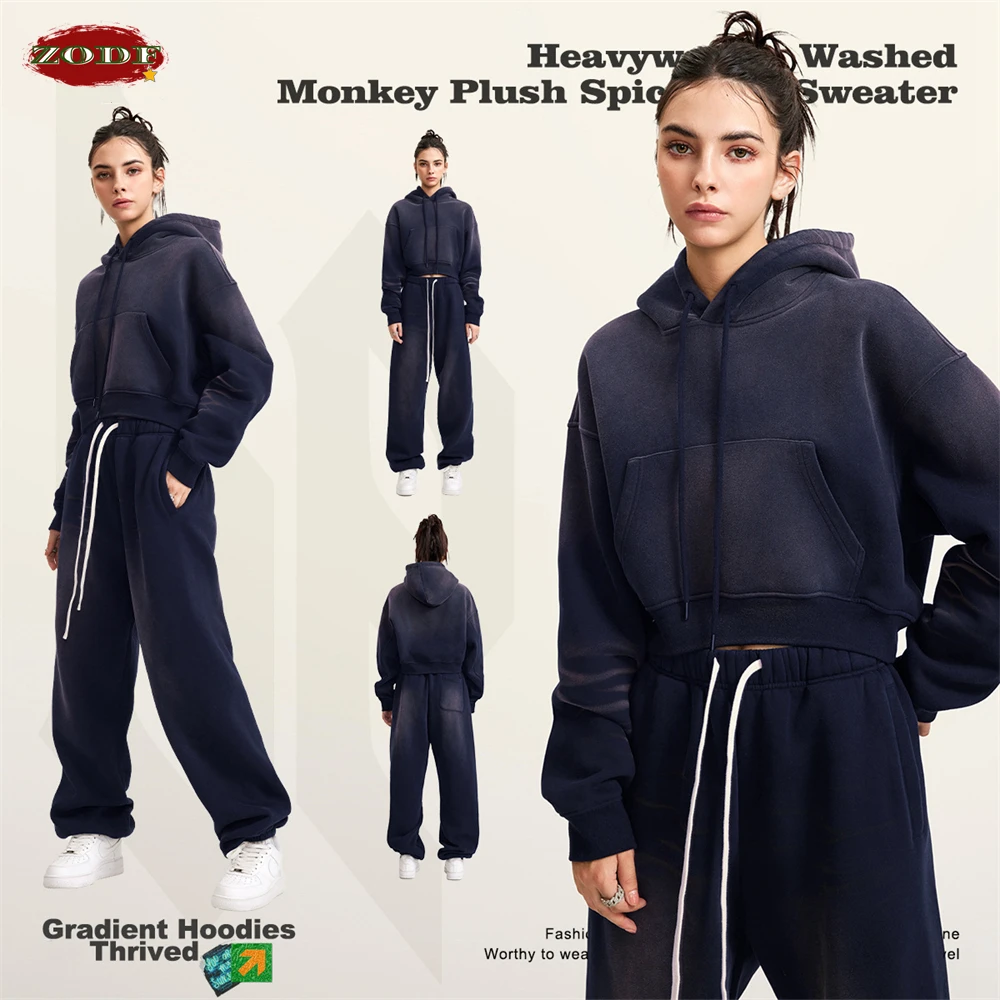 ZODF Women New Monkey Washed 375gsm Crop Hoodies For Female Girls Rereo Loose Warm Fleece Hooded Pullovers Streetwears HY0686