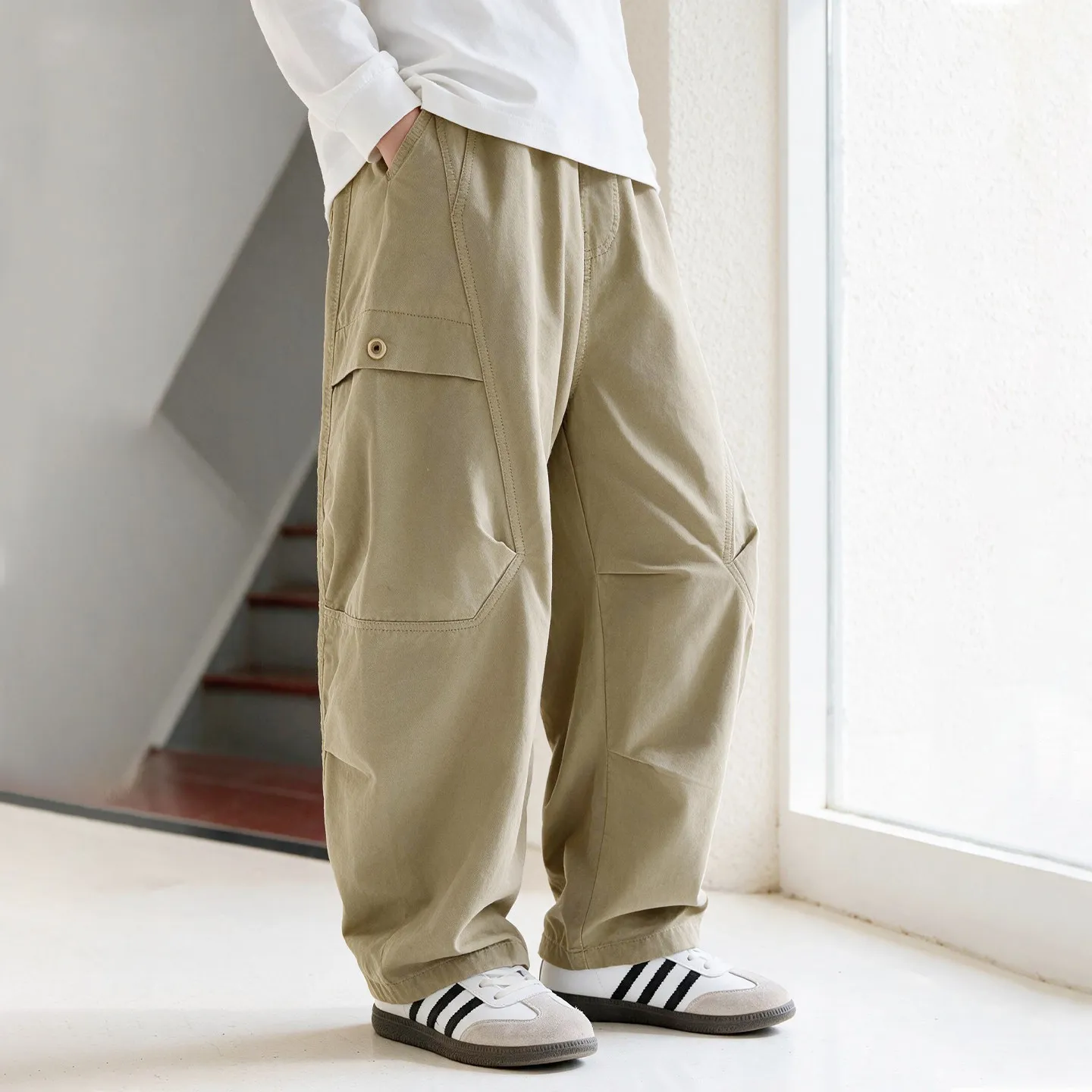 New Arrival Children Cotton Curved Cargo Pants with Side Pocket for Kids Girls Elegant Loose Straight Trousers Trackpants 4-15 Y