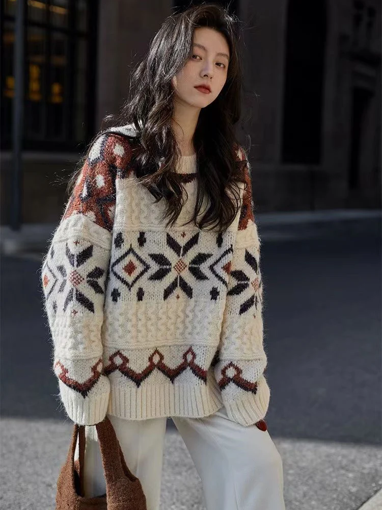 Jmprs Streetwear Retro Women Print Sweater Lazy Wind Oversize Knitted Jumpers Japan Vintage Long Sleeve O Neck All Match Tops