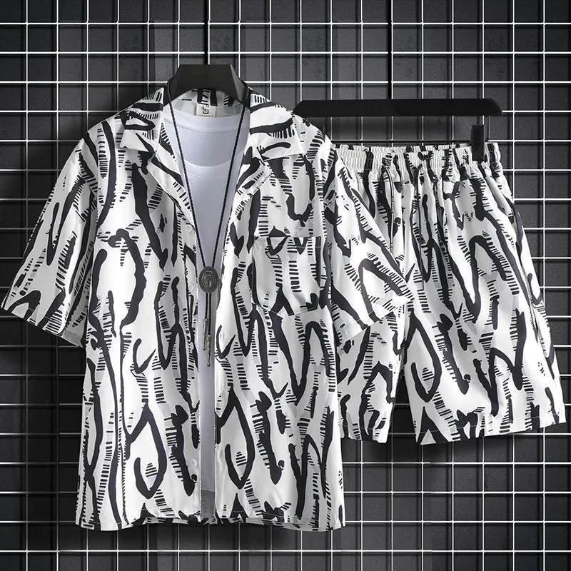 Men's Summer Casual Sets Printed Lapel Cardigan Short Sleeve Shorts Set of 2 Pieces Ice Silk Beach Seaside Resort Style Suit