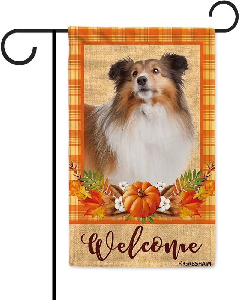 Sheltie Welcome Fall Thanksgiving Garden Flag Dog Pumpkin Maple Leaves Buffalo Check Plaid Autumn Decor Flag for Outside Yard 12