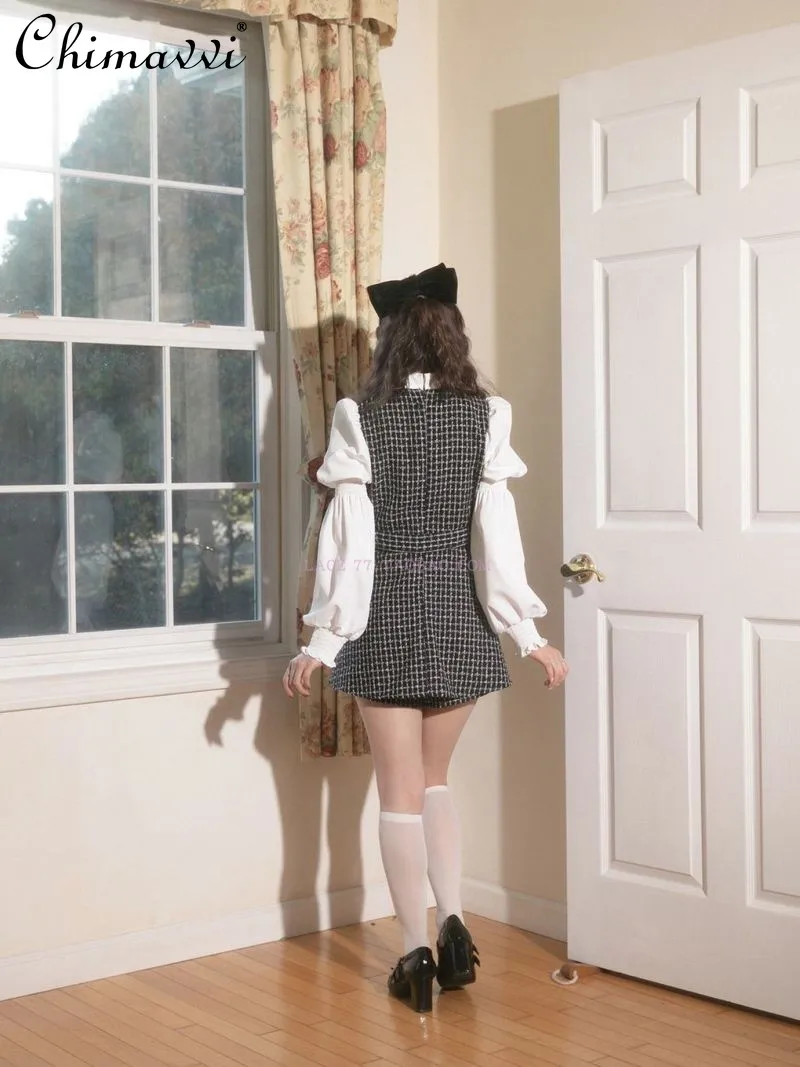 Japanese Mines Court Sleeves Weaving Woolen Splicing Dress and Shorts Sets New 2024 Autumn Sweet Girl Lady Lolita Two-piece Set