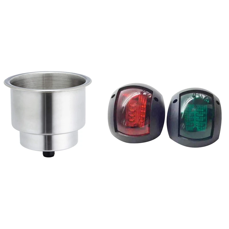 NEW-Cup Drink Holder Brushed With Drain Marine Boat Rv Camper With 2Pcs 12V Marine Yacht Lights LED Bow Side Lights