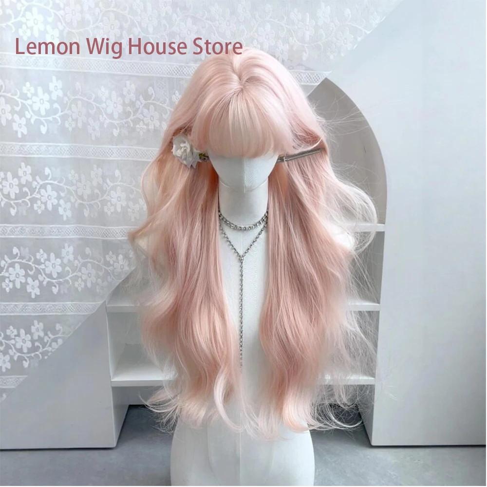 Pink Wig for Women Daily Party Use Long Wavy Synthetic Wig with Bangs Sweet and Lovely Lolita Wigs Cosplay  Heat Resistant