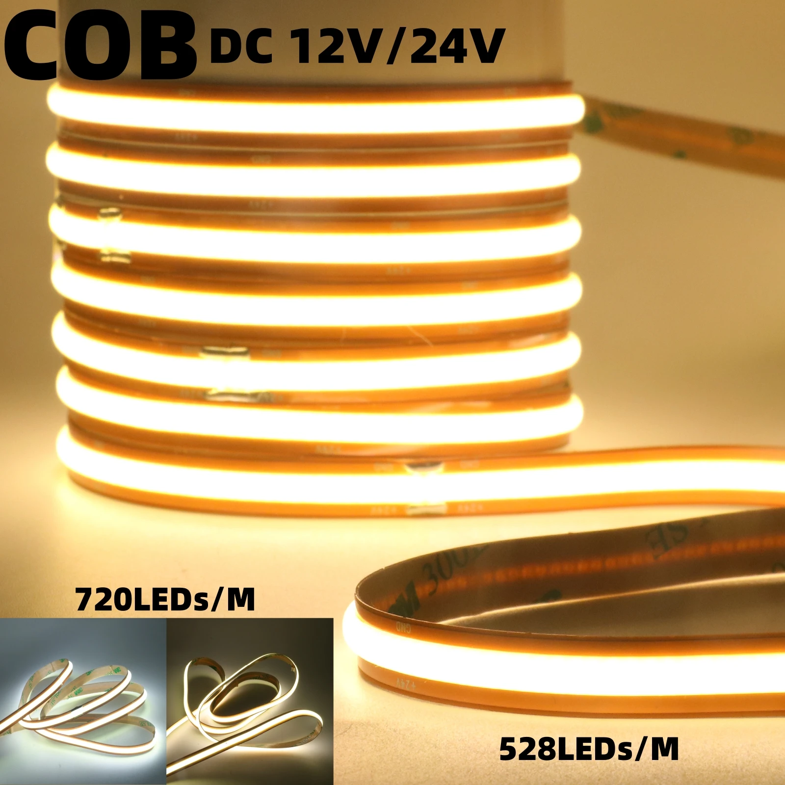 Linear Dimmable 24V 12V COB LED Strip Light 720 528 LEDs Flex Tape Ribbon RA90 3000K 4000K 6500K Lighting Cuttable at Any Place