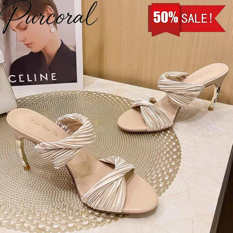 Purcoral 2026 Ladies Satin Twisted Sandals Pleated Strap Thin High Heel Slides Women 2026 Summer Open‑Toe Slippers