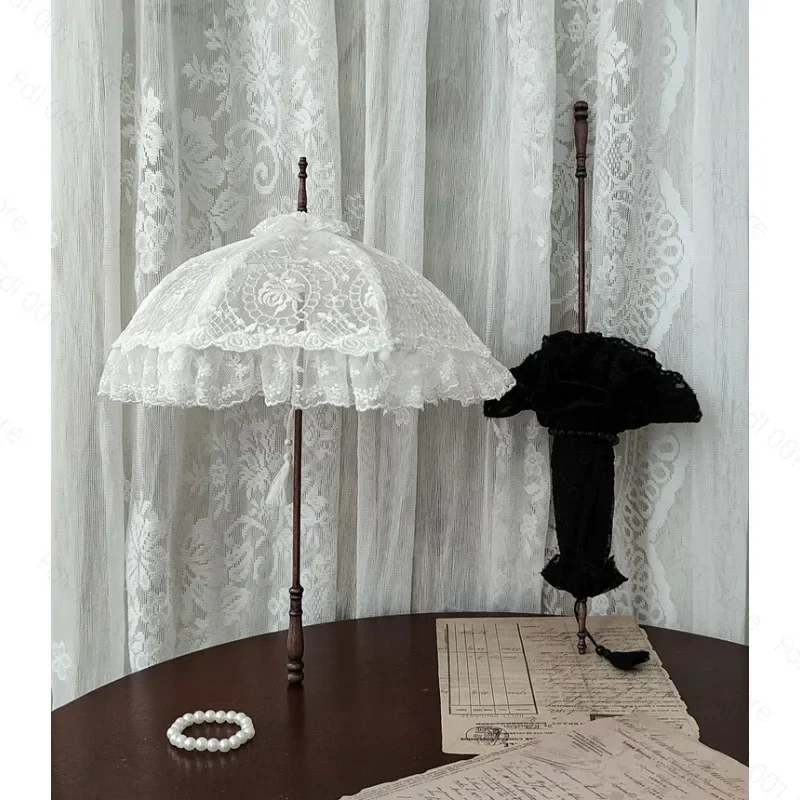 Doll Antique Umbrella Adjustable Long Handle Lace Black White Mini Parasol 34 Fen for Doll Photography Decoration
