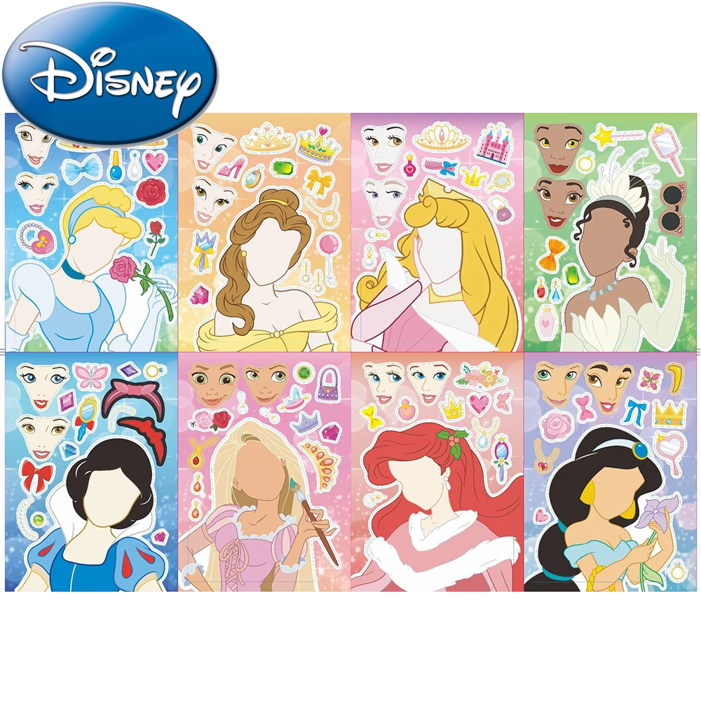 8/16sheets Disney Anime Princess Puzzle Stickers Make a Face Children Assemble Jigsaw DIY Decals Kids Party Decoration Gift Toy