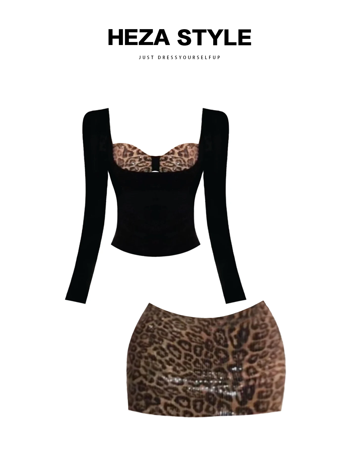 

HEZA большие размеры, сексуальный комплект из двух предметов в стиле ретро с леопардовым принтом, женский осенне-зимний сексуальный облегающий юбка с блестками, повседневный ансамбль Faion