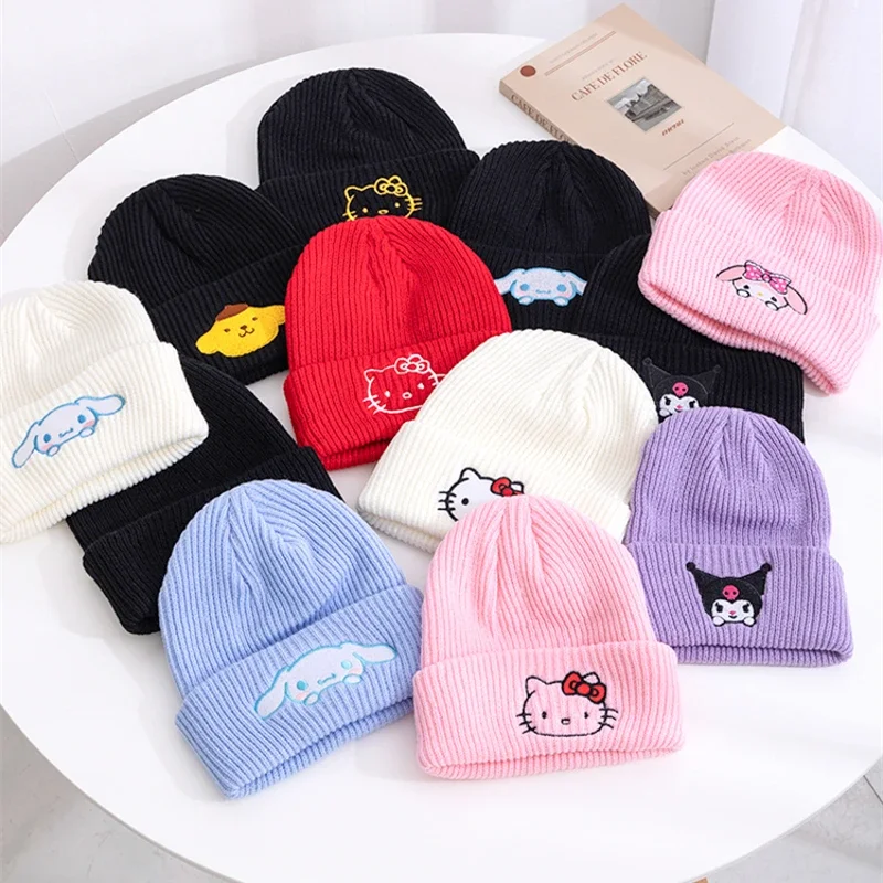 Hot Sale Saniro Hello Kitty Beanie Hat Women Cute Cartoon Cinnamoroll Melody Kuromi Winter Knitted Cap