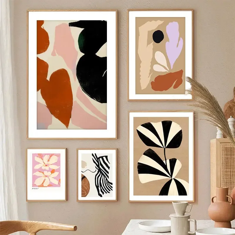 Abstract Geometric Lines Flowers Wall Art Canvas Painting Nordic Beige Black Leaves Poster Print Picture Modern Room Home Decor