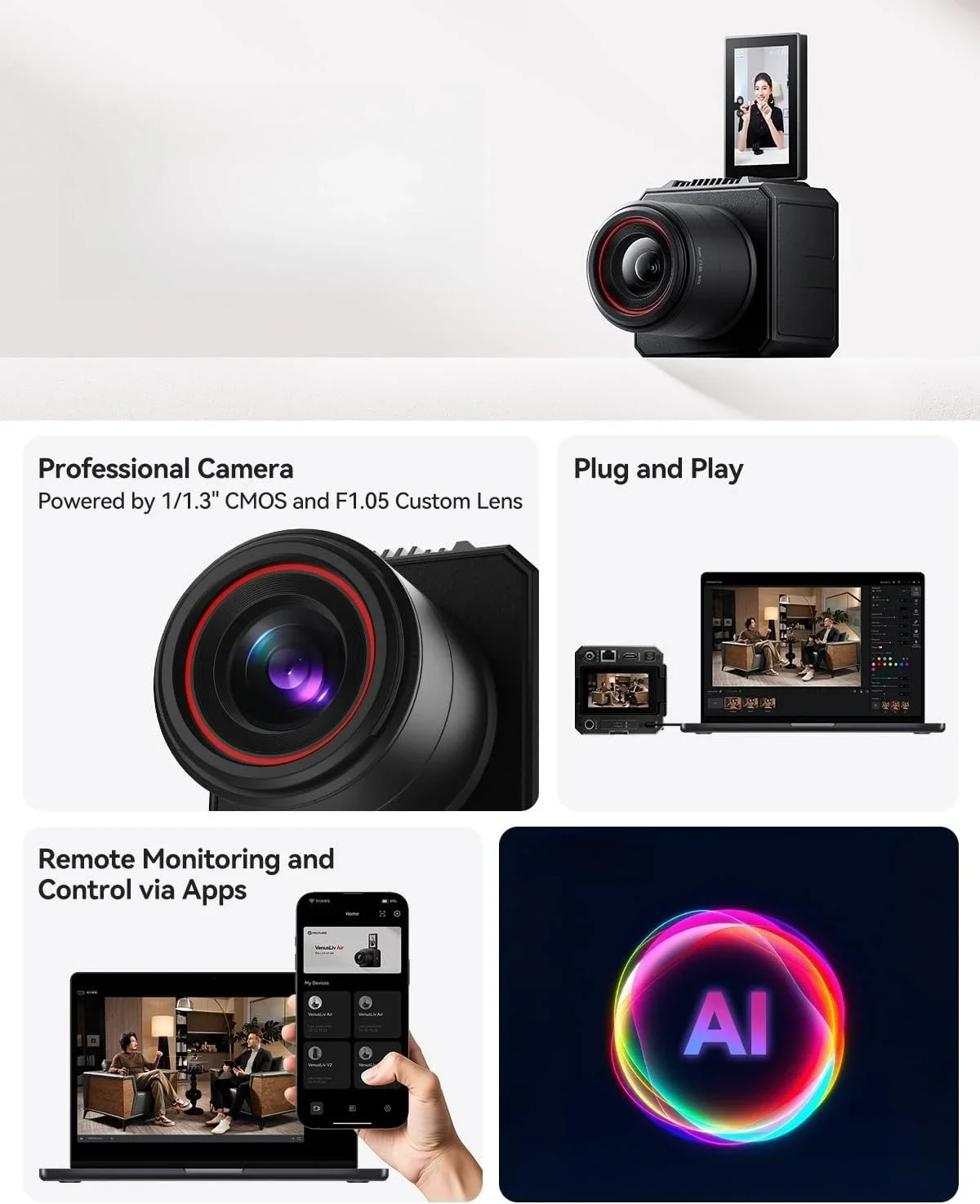 

Бестселлер: объектив 1/1.3" CMOS/F1.05, настраиваемый, с видеовыходом 4K30p/UVC/HDMI, для круглосуточной потоковой передачи, с ИИ-настройкой