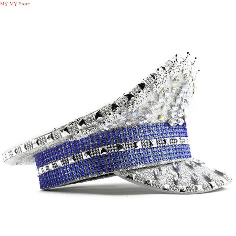 Llamativo sombrero capitán plateado N1HE con incrustaciones diamantes imitación para mujer, ropa fiesta, sombrero