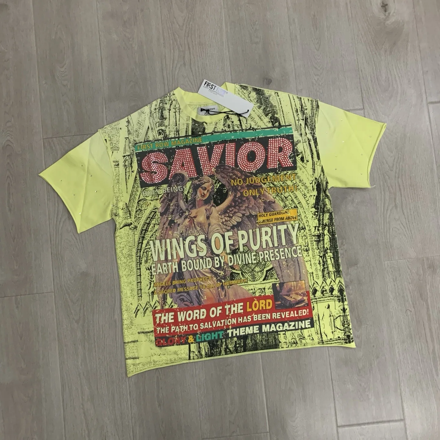 First Row Retro Wings of Purity Diamond-Studded Horsehair Washed Antique Full-Print Short-Sleeved T-Shirt