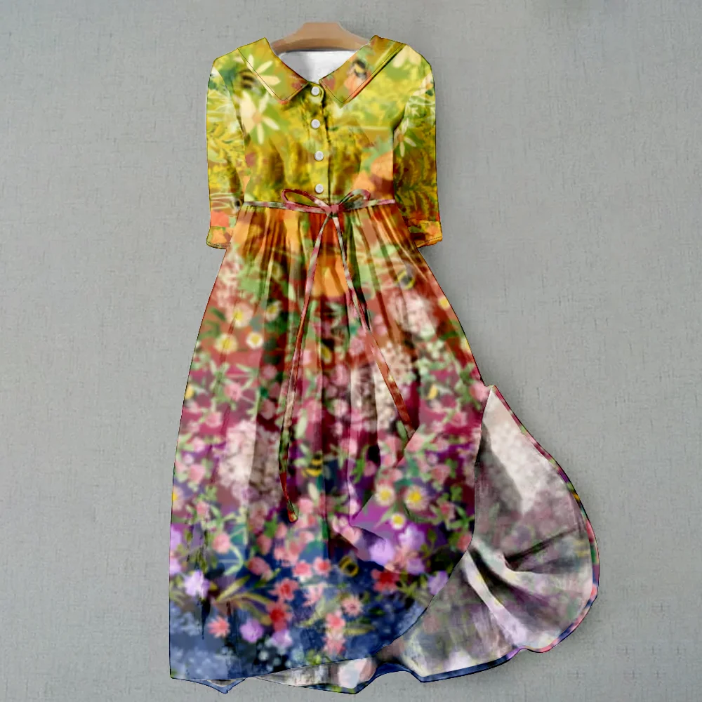 Dresses New Pastoral Simpe Lace Up Frock Printed Lapel Long Traf Summer Autumn Single Breasted Holiday Beach Plus Size Outfits