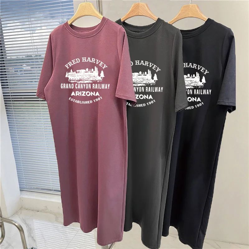 Korean Casual Women White Letter Printed Short Sleeve Long Tee Dress Loose Side Split view 5