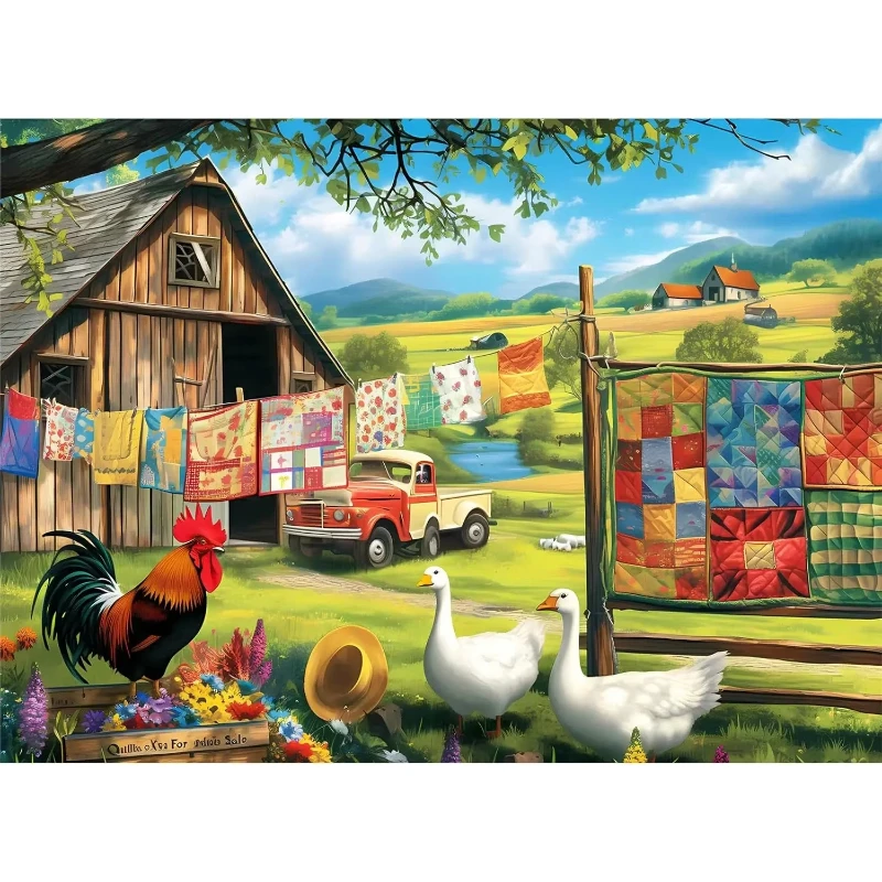 

Rooster and Quilt Barn Jigsaw Puzzle 500/1000/1200/2000PCS Farmhouse Landscape Vintage Truck Country Decor Gift for Wall Art