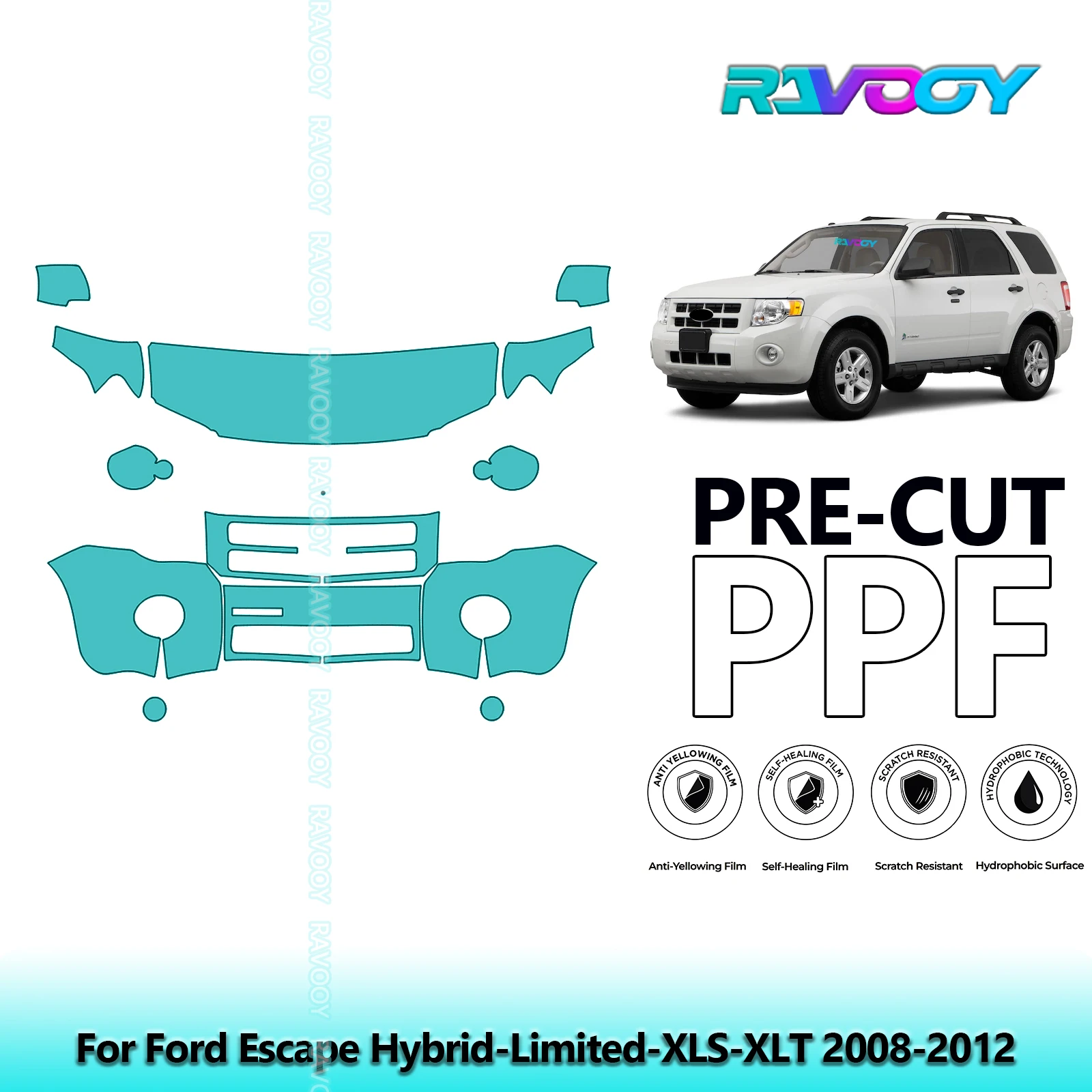 For Ford Escape Hybrid-Limited-XLS-XLT 2008-2012 Partial Front 8.5Mil Pre-Cut Paint Protection Film PPF Kit | Clear/Matte/Black