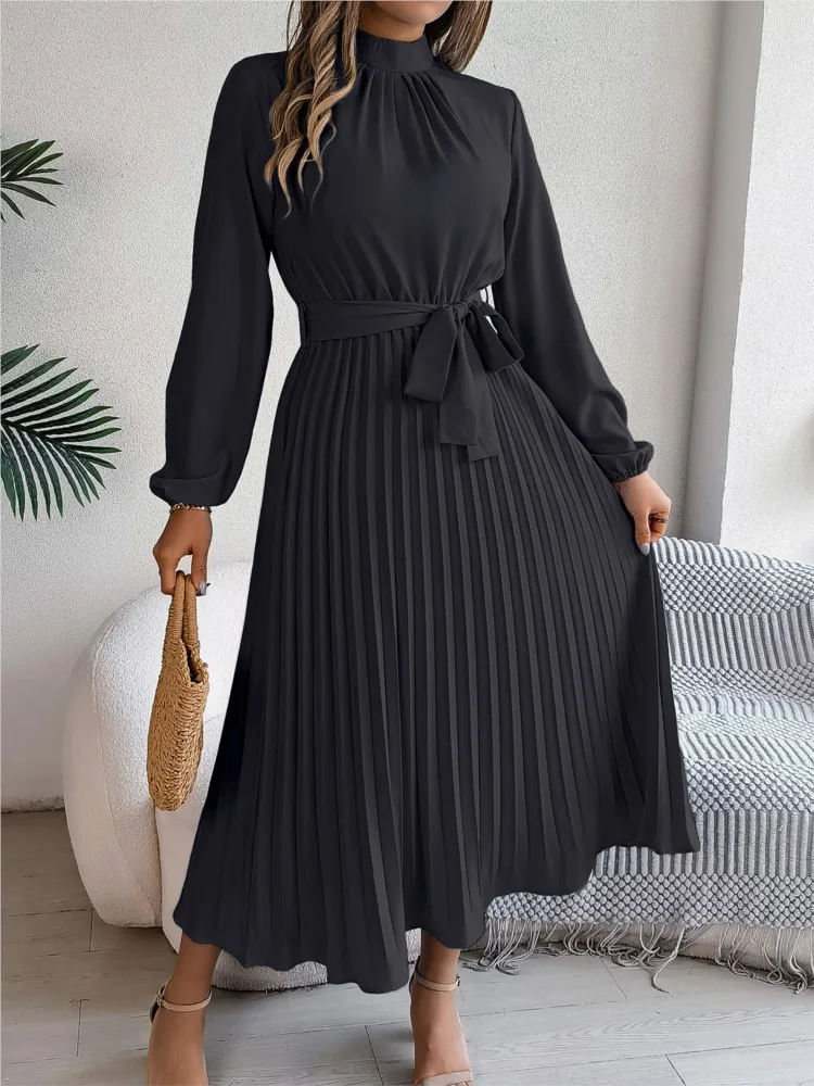 

Autumn Elegant Stand-up Collar Long-sleeved Waist Pleated Long Skirt Women's Commuting Solid Color High-waisted Lace-up Dress