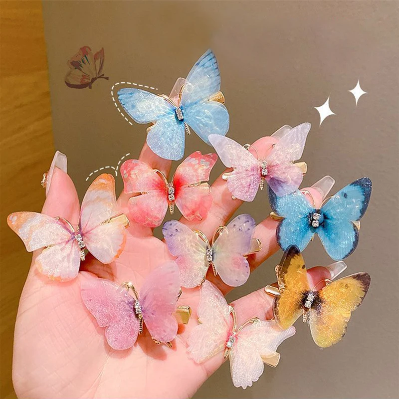 6pcs/Set Mini Simulation Butterfly Barrettes Hairpin Non-Slip Colorful Gradient Side Bangs Duckbill Clips For Baby Teen Girls