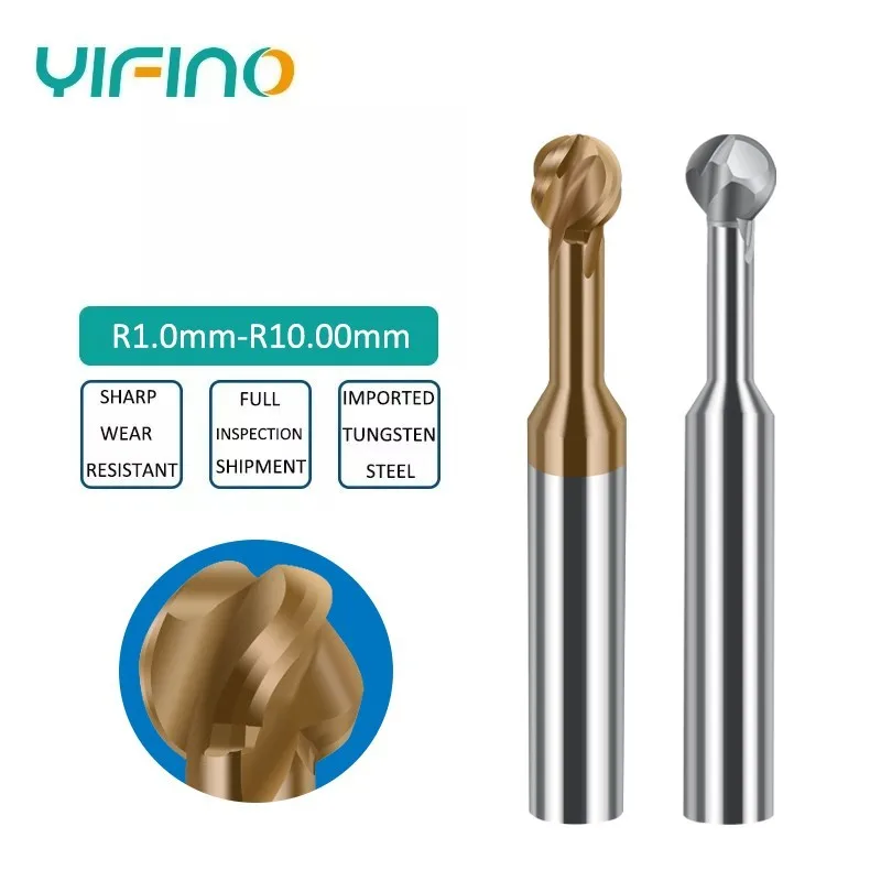 YIFINO HRC55 Tungsten Steel Carbide Lollipop Ball End Mill 2-Flute Arched Arc R Milling Cutter For Aluminum/Steel Endmills Tools