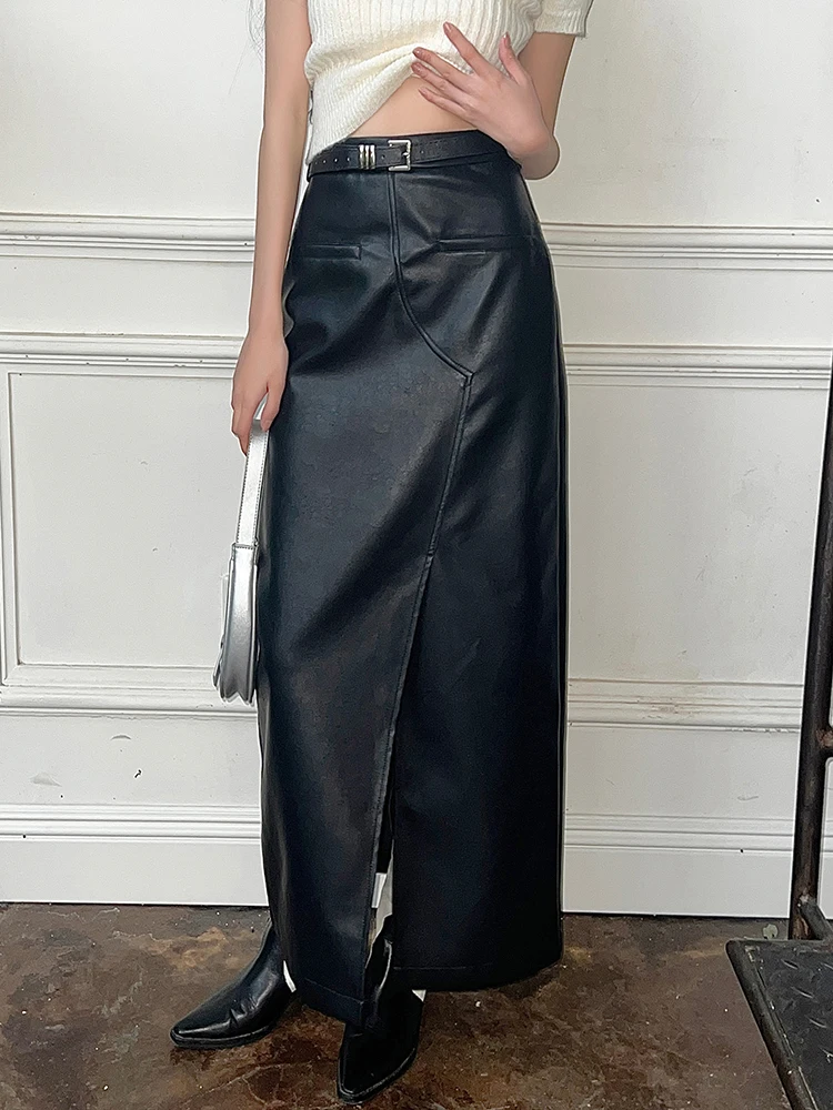 

Vintage Women Leather Skirts Front Split Casual Straight Skirt With Belt PU Leather Black Skirt 2024 New Elegant Long Skirt Maxi