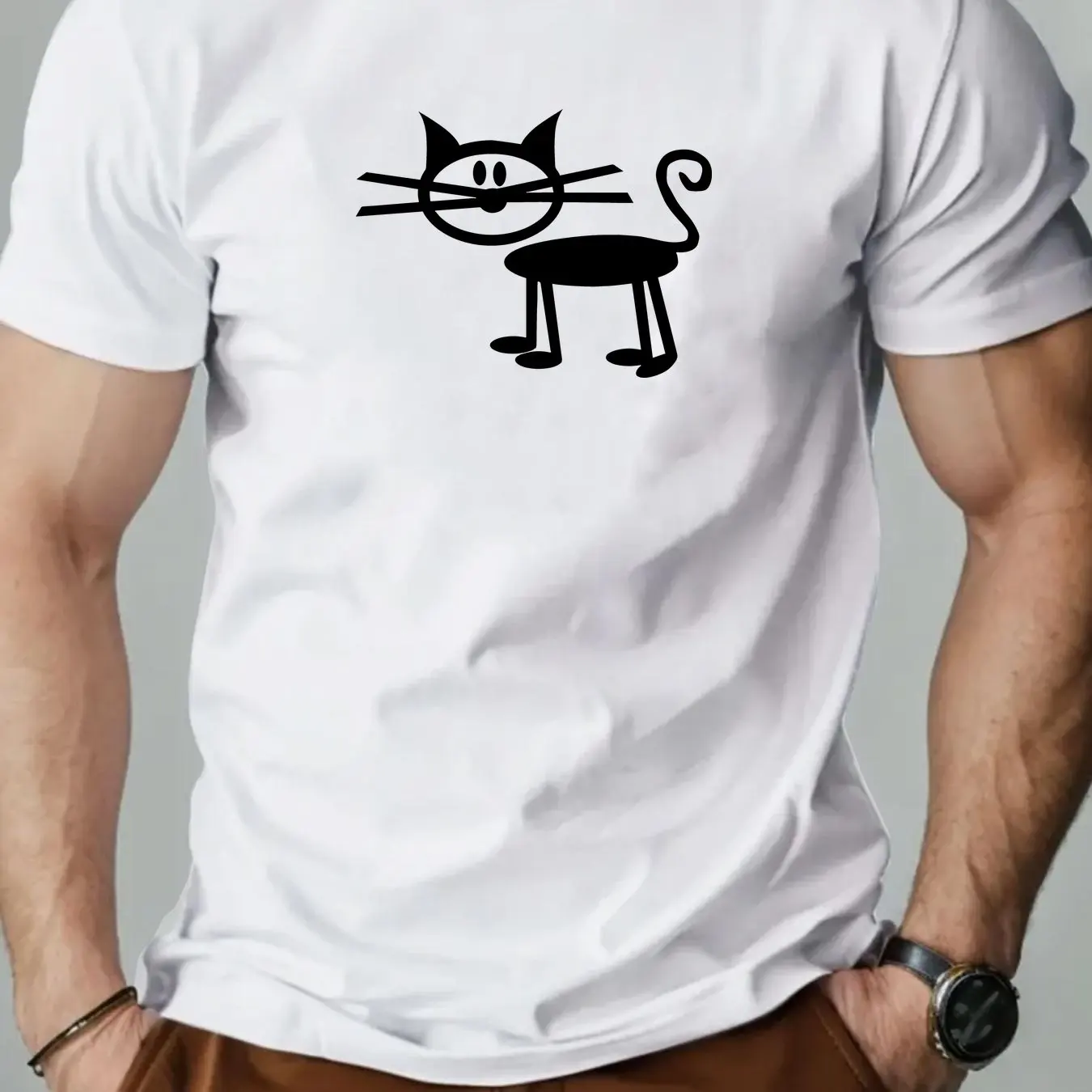 Retro Line Art Cat Graphic T-Shirt, Men's Loose Fit Cotton Tee, Cute Cat Lover Statement Top