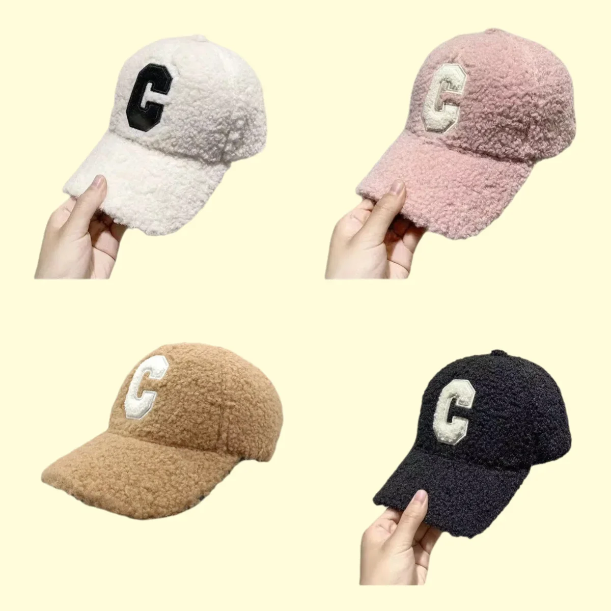 Winter Woman Warm and Thickened Baseball Cap C Letter Embroidery Lamb Wool Solid Color Trend Casquette Travel Outdoor Casual