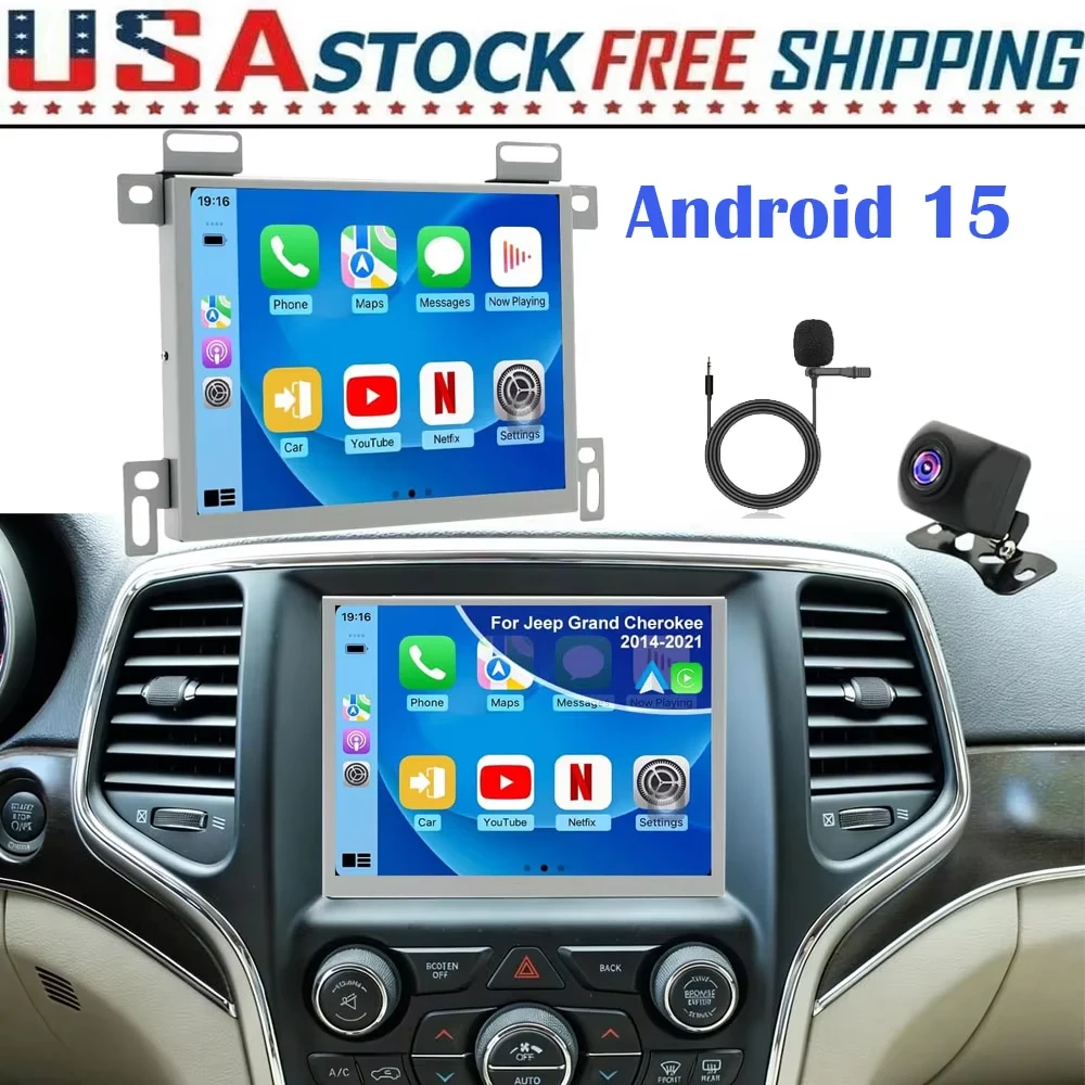Android 15 8inch Touch Car Multimedia Stereo Radio Player GPS Navigation 5G WiFi Auto Radio For Grand Cherokee R-am W-rangler Dodge Challenger 2015-2021 Support Wireless Carplay GPS Wifi FM RDS SWC Mirror Link Split Screen AHD Backup Camera Mic
