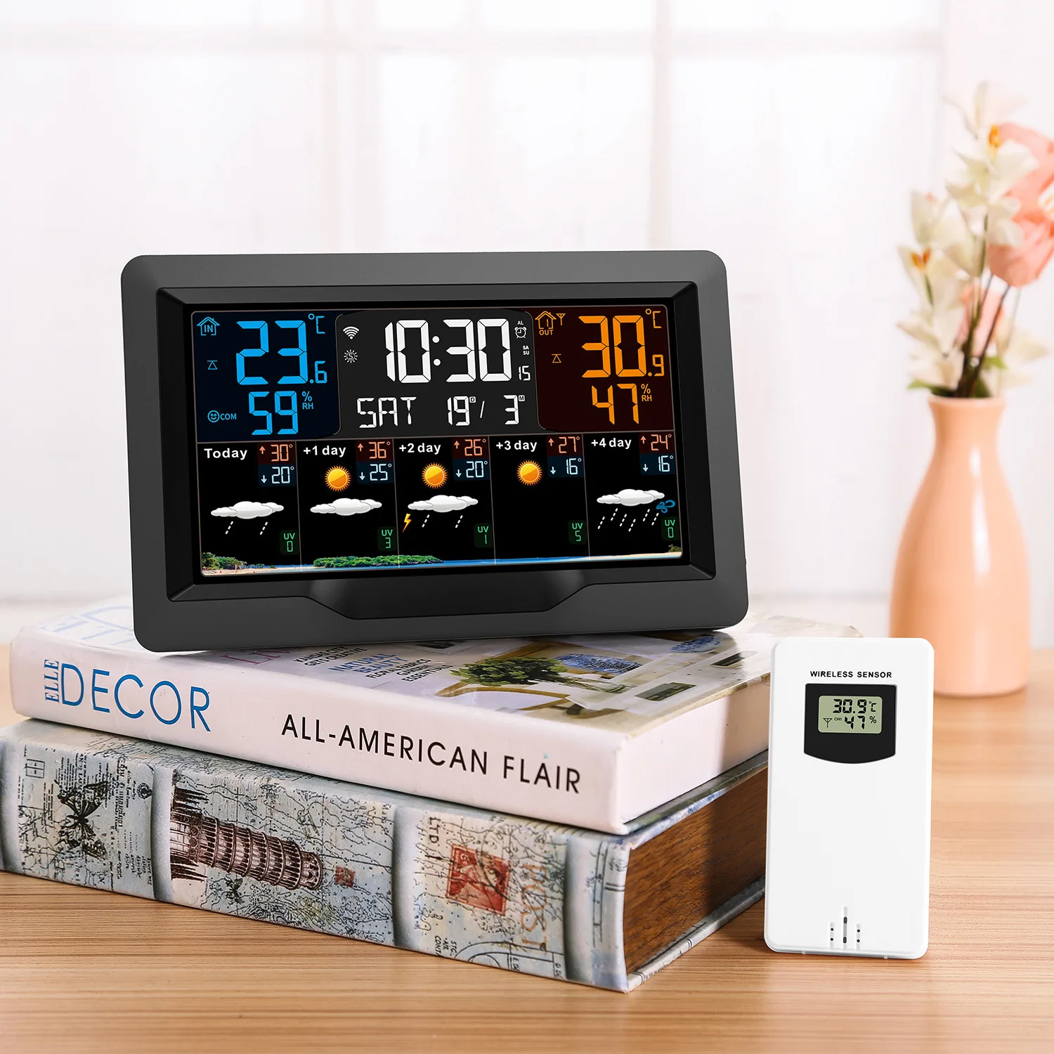 Weather Station WiFi Weather Forecast Electronic Alarm Clock VA Color Screen Indoor and Outdoor Thermohygrometer Support App