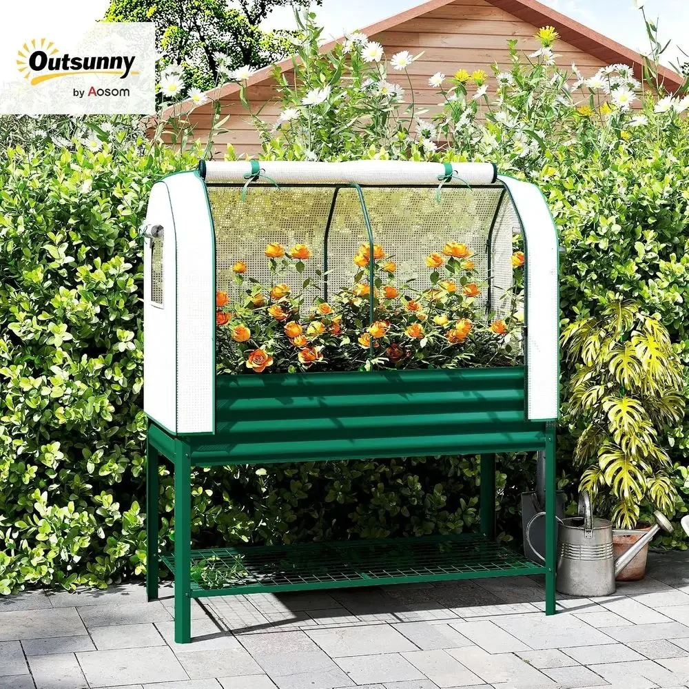 Elevated Metal Garden Bed with Greenhouse, Legs, Liner, and Bottom Shelf for Outdoor Plants, Vegetables, Herbs, and Flowers