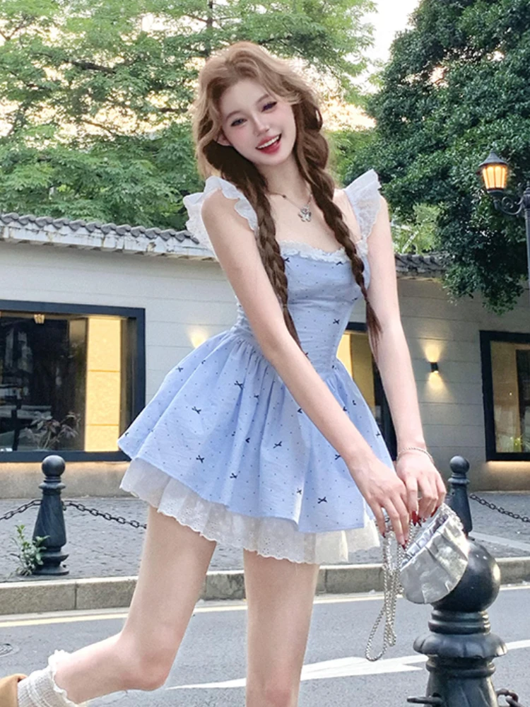 2024 Summer Sweet Y2k Mini Dress Lace Mori Girl Korean Dress Women Ballet Core Frock One Piece Evening Party Coquette Banquet