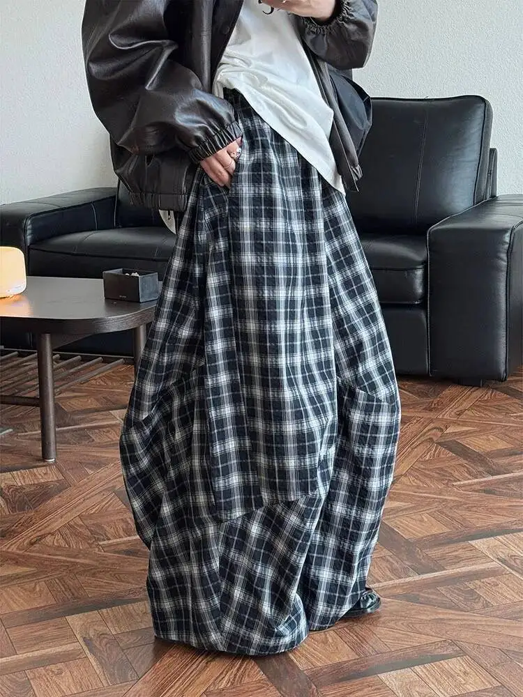 FANAN Vintage Plaid Kontrast Farbe Breite Bein Hosen Für Frauen Elastische Hohe Taille Beiläufige Lose Hosen Mode 2025, Herbst Neue