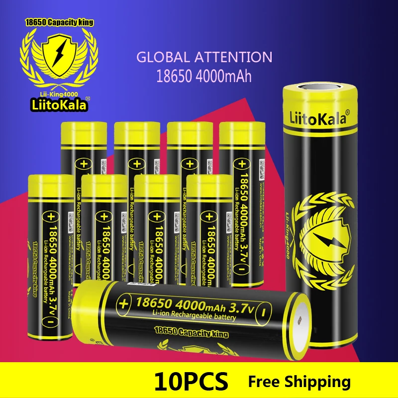 10pcs LiitoKala Lii-King4000 18650 3.7V 12A Li-ion 4000mAh Lithium Battery For High Drain Devices For Flashlight