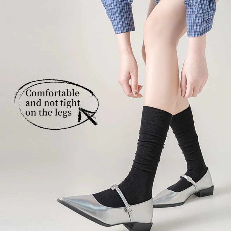 Women Ribbed Boneless Right Angle Heel Knee High Socks Soft Breathable Cotton Calf Socks Daily School Casual Long Socks