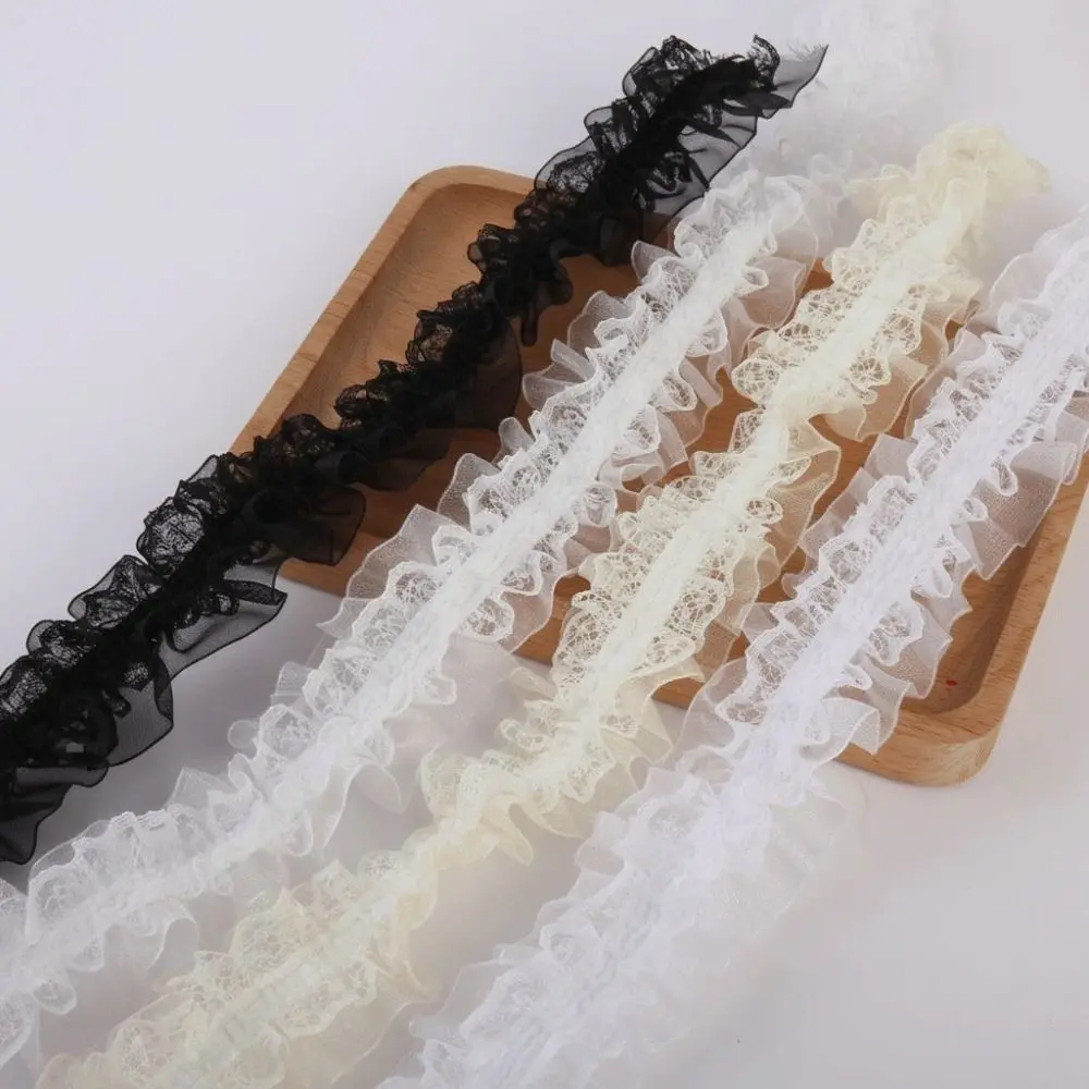 Fluffy 4cm Wide Pleated Lace Trim Double Layers White Black Embroidery Lace Fabric 1 Yards Elastic Sewing Lace Trim For Clothing