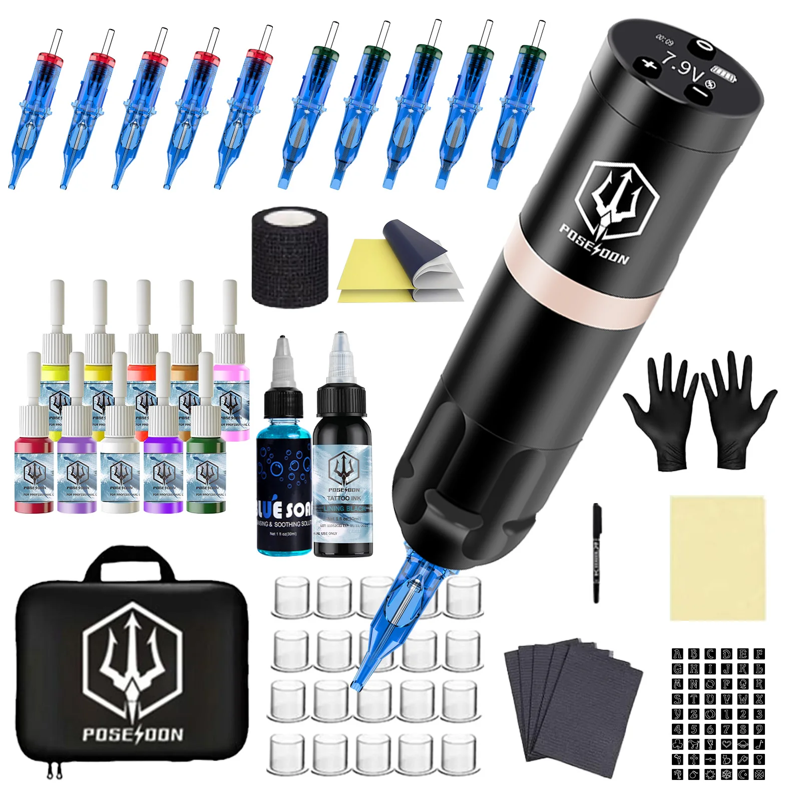 Kit de tatuaje POSEIDON, Kit de pluma de tatuaje inalámbrico para maquillaje permanente, Kit de máquina de tatuaje, fuente de alimentación de tatuaje de alta potencia, pistola de tatuaje Ki